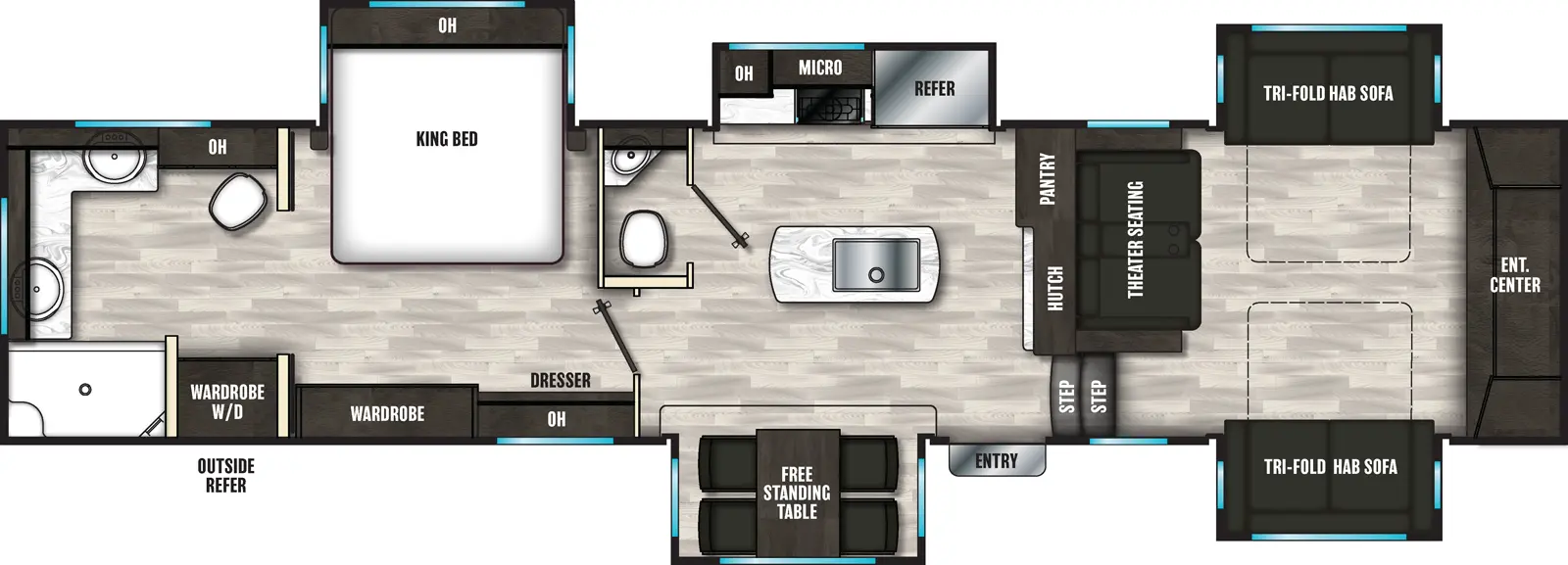 The 344FL has five slideouts and one entry. Exterior features include refrigerator. Interior layout front to back: front entertainment center with theater seating opposite, and opposing tri-fold hide-a-bed sofa slideout; two steps down to entry and kitchen; pantry and hutch along inner wall; kitchen island with sink; off-door side slideout with refrigerator, microwave, overhead cabinet, and counter; door side slide out with free standing table; off-door side half bathroom; bedroom with off-door side king bed slideout and overhead cabinet; door side dresser with overhead cabinet and wardrobe; rear full bathroom with overhead cabinet and wardrobe with washer and dryer. Optional king bed available in place of queen bed.